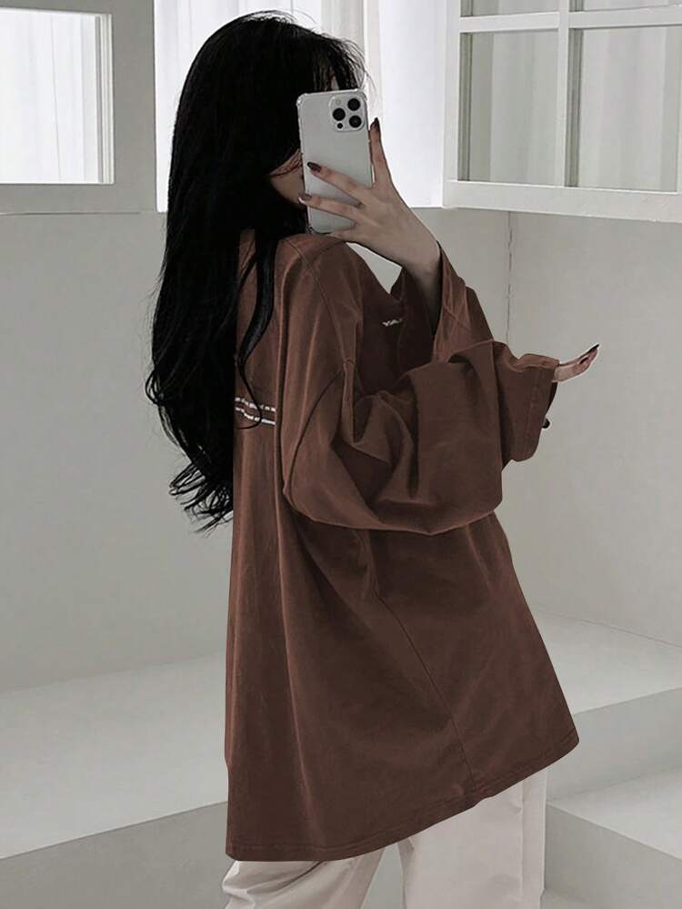Women's Spring/Summer Loose Casual T-Shirt With Slogan Print, Round Neck And Drop Shoulder Long Sleeves