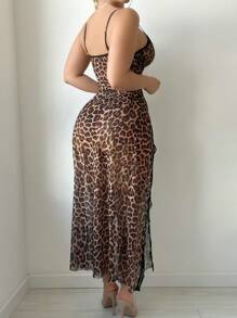 2pcs/Set Mature Sexy Wire Bra Leopard Split Dress + G-String Lingerie