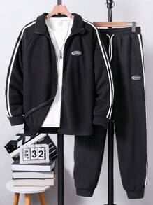 Teen Boy's Patched Contrast Striped Printed Zipper-Up Sweatshirt And Drawstring Cuffed Pants Casual 2pcs Set - Black - View 1