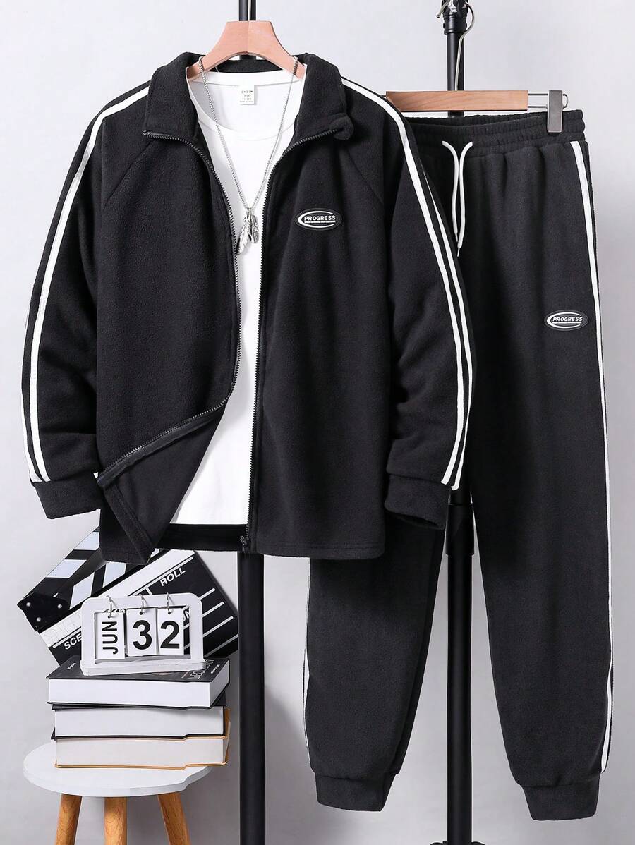 Teen Boy's Patched Contrast Striped Printed Zipper-Up Sweatshirt And Drawstring Cuffed Pants Casual 2pcs Set - Black - View 1