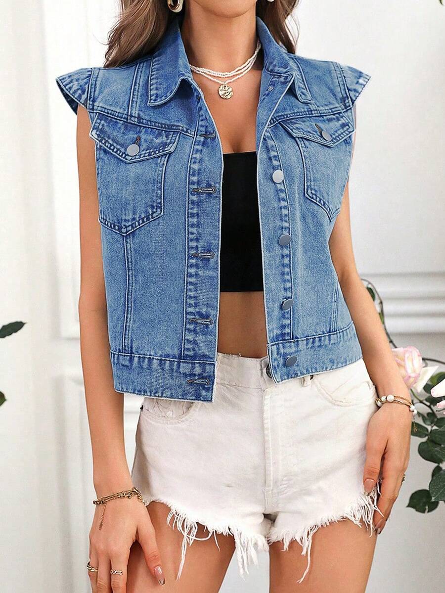 SHEIN Privé Chaleco vaquero sin mangas con botones, mangas con volantes y bolsillos para mujer, ropa de moda y elegante - Azul lavado medio - Ver 1