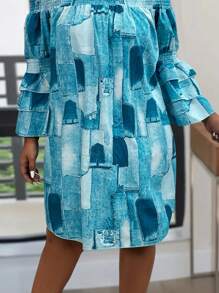 Maweii Plus Size Off Shoulder Blue And White Knee-Length Dress With Ruffled Layered Sleeves - Blue and White - View 3