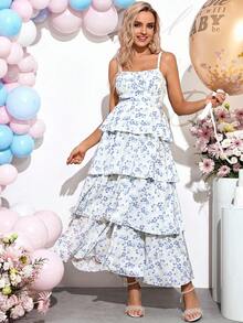 Loomaby Gender Reveal Dress Elegant Summer Maternity Ditsy Floral Tiered Club Dress With Open Back And Ribbon Ties,Perfect For Vacation Baby Shower Party - Blue - View 4