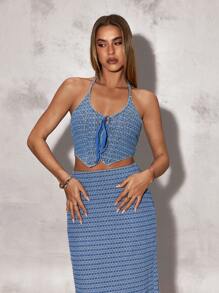 SHEIN BAE Women's Summer Eyelet Lace-Up Backless Halter Denim Crop Top - Blue - View 1