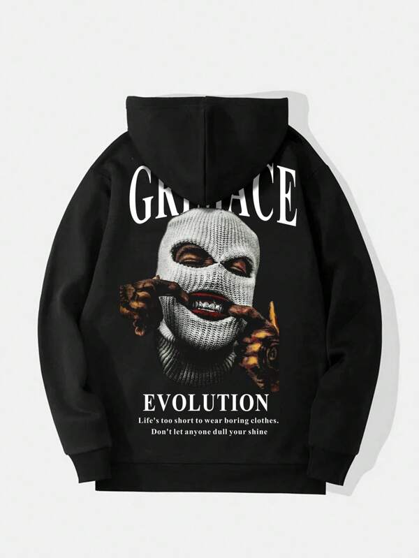 ROMWE MEN Street Life Men's Hooded Sweatshirt, Fashionable Streetwear With Letter And Character Prints, Hip-Hop Style, Versatile With Drawstring Design