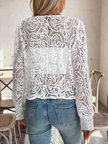 SHEIN LUNE Solid Color Twist Front Sheer Long Sleeve Shirt Fall Cloth For Women - White - View 2