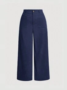SHEIN MOD Plus Size Quần thẳng cài khuy màu trơn có túi - Màu xanh hải quân - Xem 1