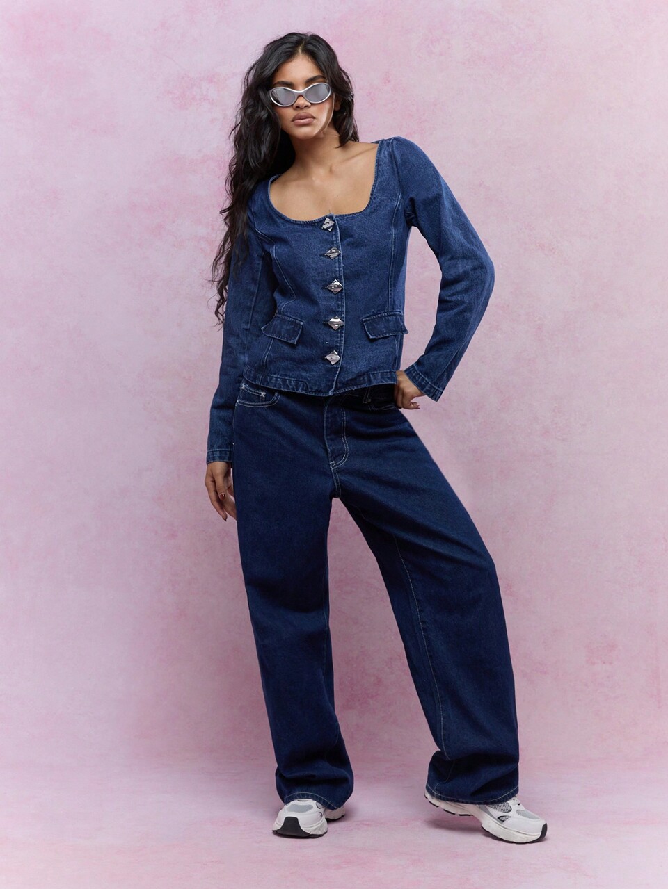 MISSGUIDED Statement Button Scoop Neck Long Sleeves Denim Jacket Winter Wear