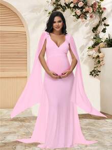 孕妇雪纺飘逸长袖连衣裙，裙摆曳地，适合婴儿派对和孕妇写真拍摄，春季粉色 - 粉色 - 查看 5