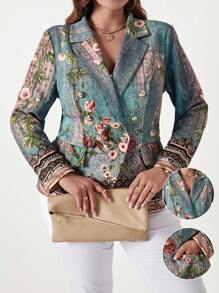 EMERY ROSE Plus Fall Clothes Floral Print Double Breasted Jacket - Multicolor - View 1