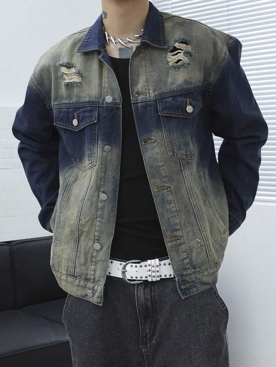 Manfinity EMRG Men's Ombre Denim Long Sleeve Casual Jacket - Dark Wash - View 1