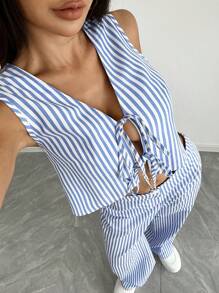 SHEIN Unity Women's Striped Sleeveless Top And Long Pants Set For Daily Wear - Blue and White - View 2