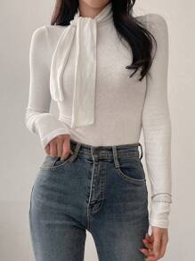 DAZY Women Fall Lace-Up Turtleneck Base Layer Top Long Sleeve Women Tops - White - View 8