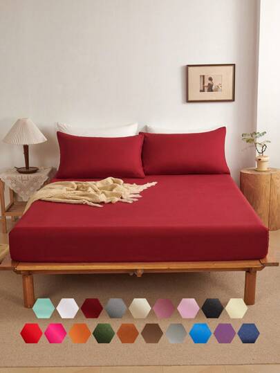 三件套纯色酒红色床笠套装，采用超细纤维面料，包含1个床笠和2个枕套（不含枕芯），现代柔软的床上用品套装，适合居家、宿舍、返校季使用，深口袋设计，适用于厚度达16英寸的床垫。