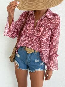 EURMUSE 有领全印花弧形下摆长袖衬衫 - 彩色 - 查看 1