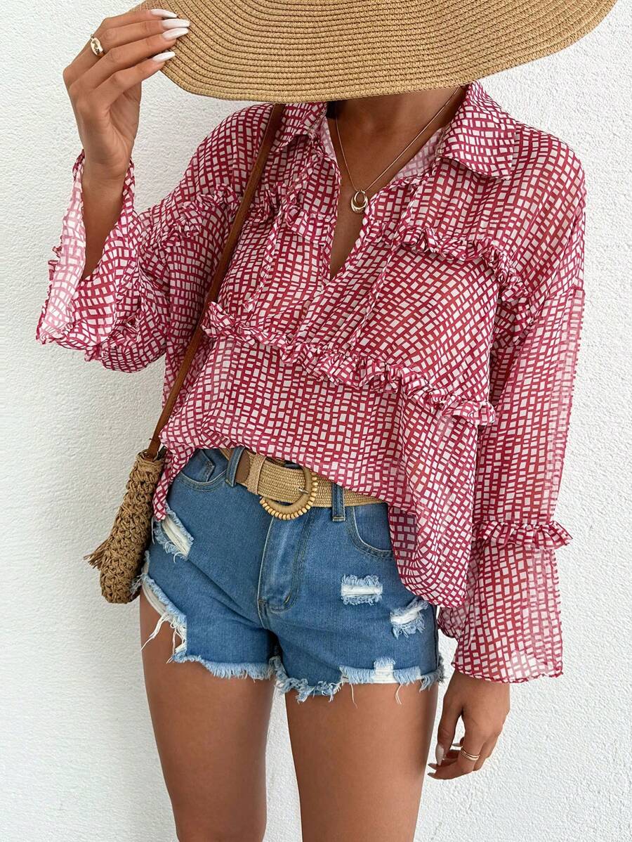 EURMUSE 有领全印花弧形下摆长袖衬衫 - 彩色 - 查看 1