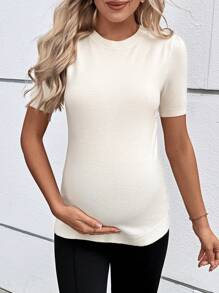 SHEIN Maternity Round Neck Short Sleeve Fitted Sweater For Pregnant Women, Autumn/Winter - Yellow - View 7