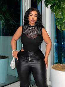 Slaydiva Plus Size Summer Elegant Stand Collar Sleeveless Bodysuit, Black With Rhinestone And Front See-Through Design - Black - View 6