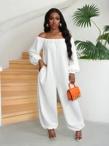 Slaydiva 休閒寬鬆長袖露肩白色連身褲，款式E - 白色 - 查看 6