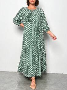 SHEIN LUNE 大碼滿版印花繫帶領燈籠袖洋裝 - 綠色 - 查看 4