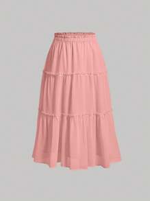 SHEIN MOD Plus Size Women's Solid Color Mushroom Hem Waist Multi Layer Ruffle Skirt - Pink - View 1