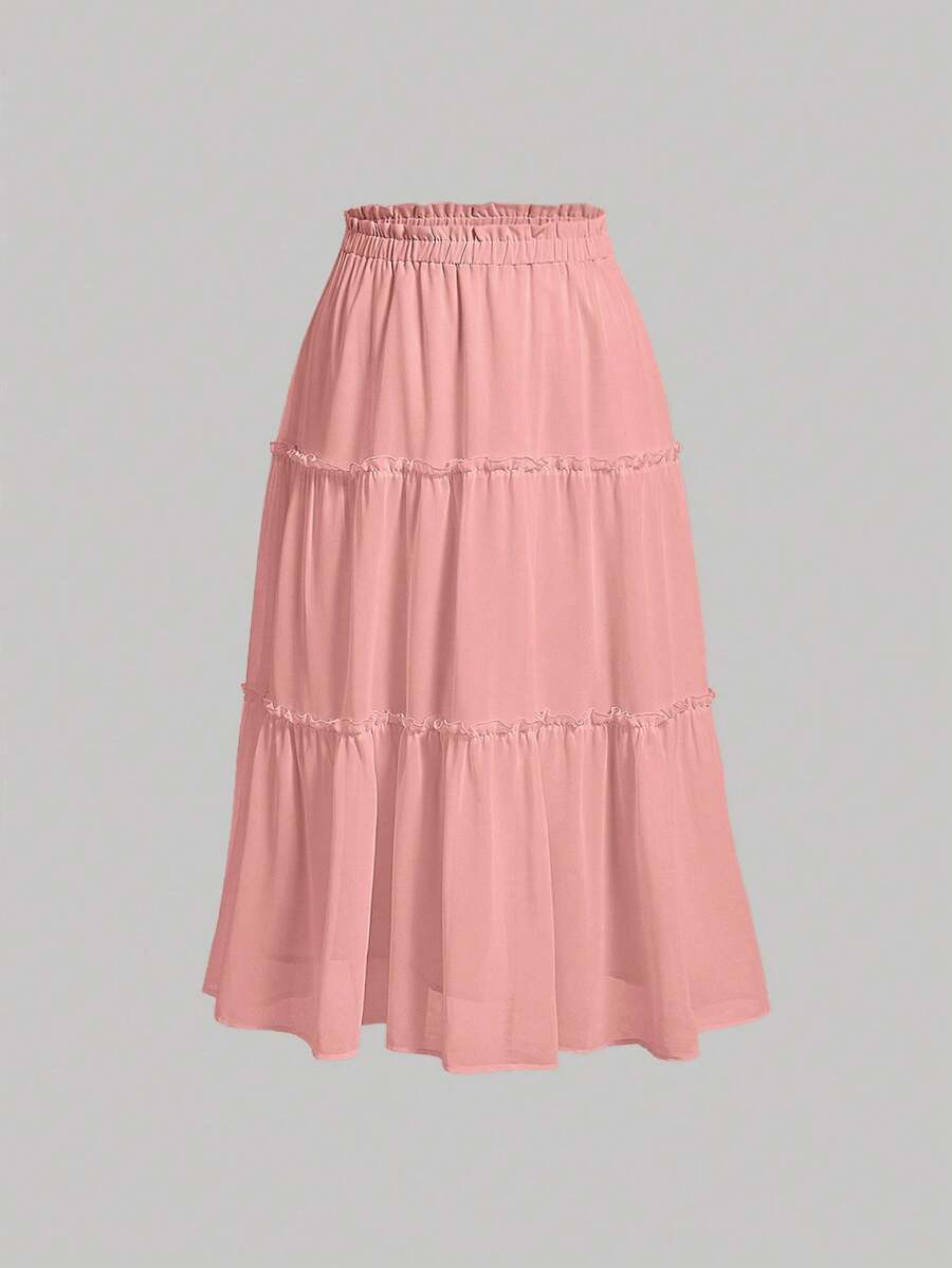 SHEIN MOD Plus Size Women's Solid Color Mushroom Hem Waist Multi Layer Ruffle Skirt - Pink - View 1