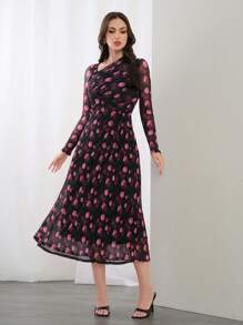 Modelyn Vestido modesto de manga larga con cuello asimétrico y estampado floral, adecuado para primavera y verano, vestido largo de noche - Multicolor - Ver 1