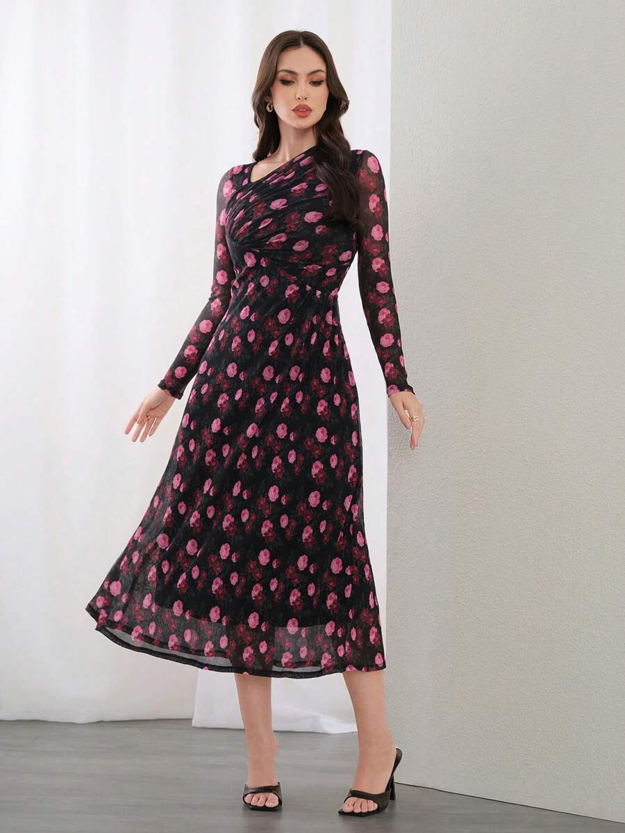 Modelyn Vestido modesto de manga larga con cuello asimétrico y estampado floral, adecuado para primavera y verano, vestido largo de noche - Multicolor - Ver 1