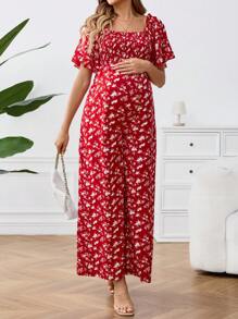 SHEIN 孕妇休闲碎花短袖系腰连体裤 - 紅色 - 查看 5