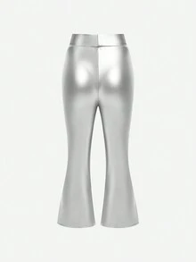 Girls' Simple Silver Leather-Look High-Waisted Flared Stretch Comfortable Stylish Long Leggings - Silver - View 2
