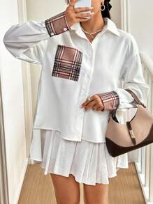 SHEIN Essnce New Spring/Autumn Plaid Patchwork Cape-Style Women's Shirt - White - View 3