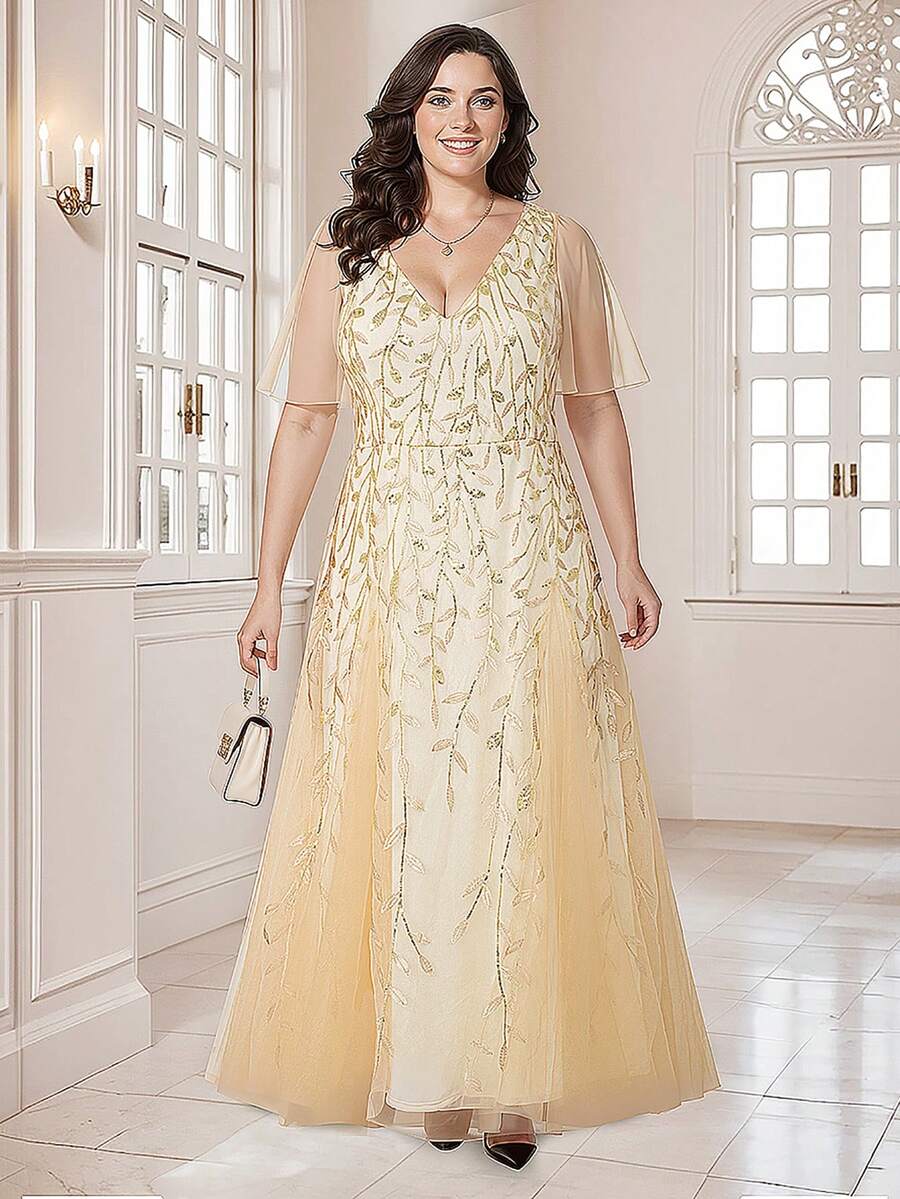 HOMEYEE V 领喇叭袖网眼亮片复古晚礼服，大码紧身鸡尾酒会礼服，正式舞会礼服，适合婚礼嘉宾、毕业典礼、晚宴 - 杏色 - 查看 1