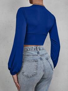 Cloudara Casual Solid Color Lantern Sleeve Cropped Shirt, Autumn - Navy Blue - View 2