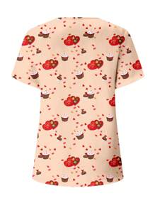 PopScrub 女士全身印花护理手术服上衣，配甜点图案 - 杏色 - 查看 2