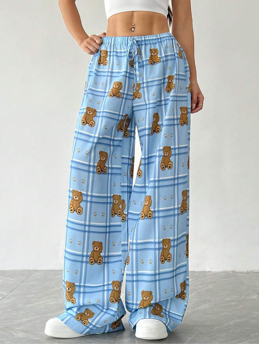 SHEIN EZwear 女士前系带卡通可爱熊全印花休闲裤，日常休闲 - 藍色 - 查看 1