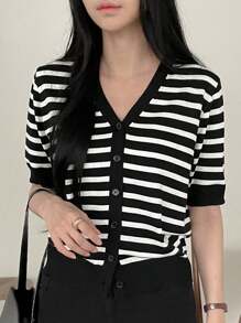 DAZY 女士条纹休闲开衫 夏季 - 黑色 - 查看 1