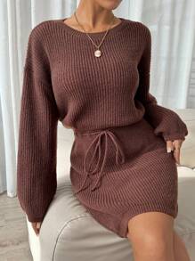SHEIN Clasi Vestido de suéter de manga larga con cuello redondo, de unicolor y con nudo, para mujer, en color marrón - Café integral - Ver 5