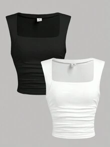 SHEIN 少女黑白色針織高腰褶皺方領無袖背心，多入組內穿套裝