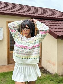 Flirla Áo len chui đầu họa tiết hoa dành cho nữ cỡ lớn, thích hợp cho mùa thu đông. - Nhiều màu - Xem 5