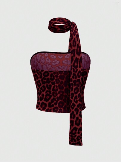 Grunge Punk Y2K Leopard Allover Print Tight Ruched Strapless Top For Women