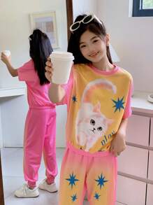 SHEIN Ensemble de 2 pièces pour jeunes filles : T-shirt ample à manches courtes imprimé chat mignon + pantalon de survêtement
