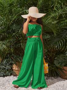 SHEIN Bộ quần ống rộng và áo dệt kim màu trơn thông thường của Tween Girls' Vacation, trang phục phù hợp cho mẹ và tôi (5 món bán riêng), Xuân/Hè - màu xanh lá - Xem 7