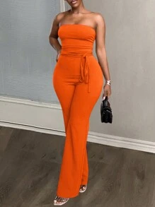 Slaydiva 女性休閒基本款優雅酒紅色腰帶管身連體褲，E - 橘色 - 查看 8