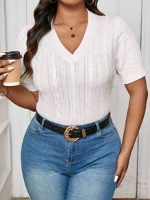 SHEIN Essnce 加大码针织 V 领短袖毛衣（配扭纱） - 白色 - 查看 10