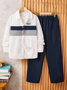 SHEIN Leap Crew 2pcs Tween Boys' Casual Color Block Collar Cardigan Shirt & Solid Color Straight Trousers Set - Royal Blue - View 3