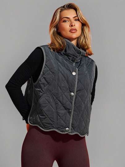 VARSITIE Winter High Collar Gray Plaid Outdoor Sports Windbreaker Jacket Vest For Women