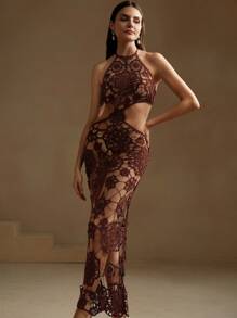 Anewsta Elegant Brown Beach Cover-Up Crochet Knit Dress For Vacation, For Summer - Coffee Brown - View 3