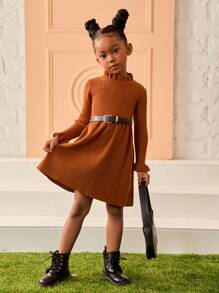 Young Girl Fall Casual Knitted Sweater Dress With Ruffle Trim - Brown - View 6