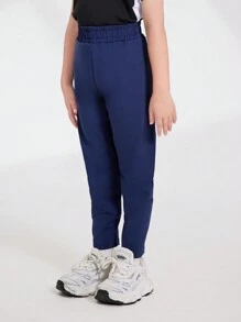 Young Boy Solid Color Elastic Waist Pocket Cuffed Casual Sports Pants - Royal Blue - View 3