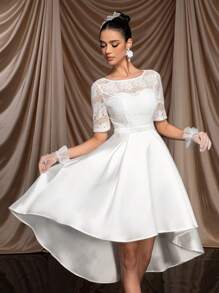 SHEIN Belle Gorgeous, Elegant, And Noble White Lace Spliced Dress With Glossy Satin Design, Padded Cups, High Waist, And Large A-Line Flared Skirt; Suitable For Single Parties, Weddings, Graduations, Holidays, Bridal Showers, And Other Formal Occasions - White - View 6